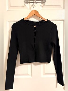 MANGO Black Crop Ribbed Cardigan